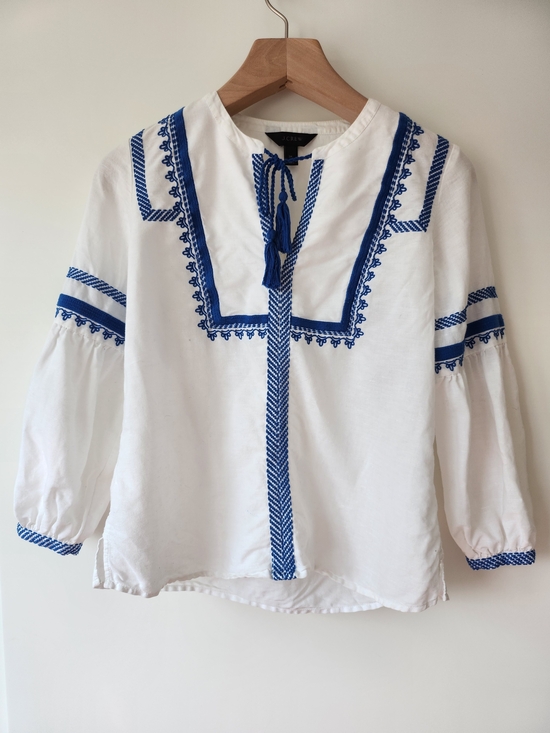 J. Crew Tops - J. Crew White Linen Peasant Blouse with Blue Embroidery